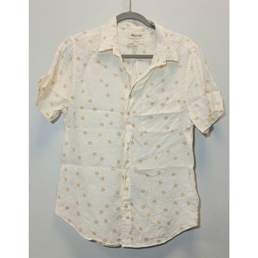Madewell Womens Small 100% linen shirt perfect fit cream rust mustard tan